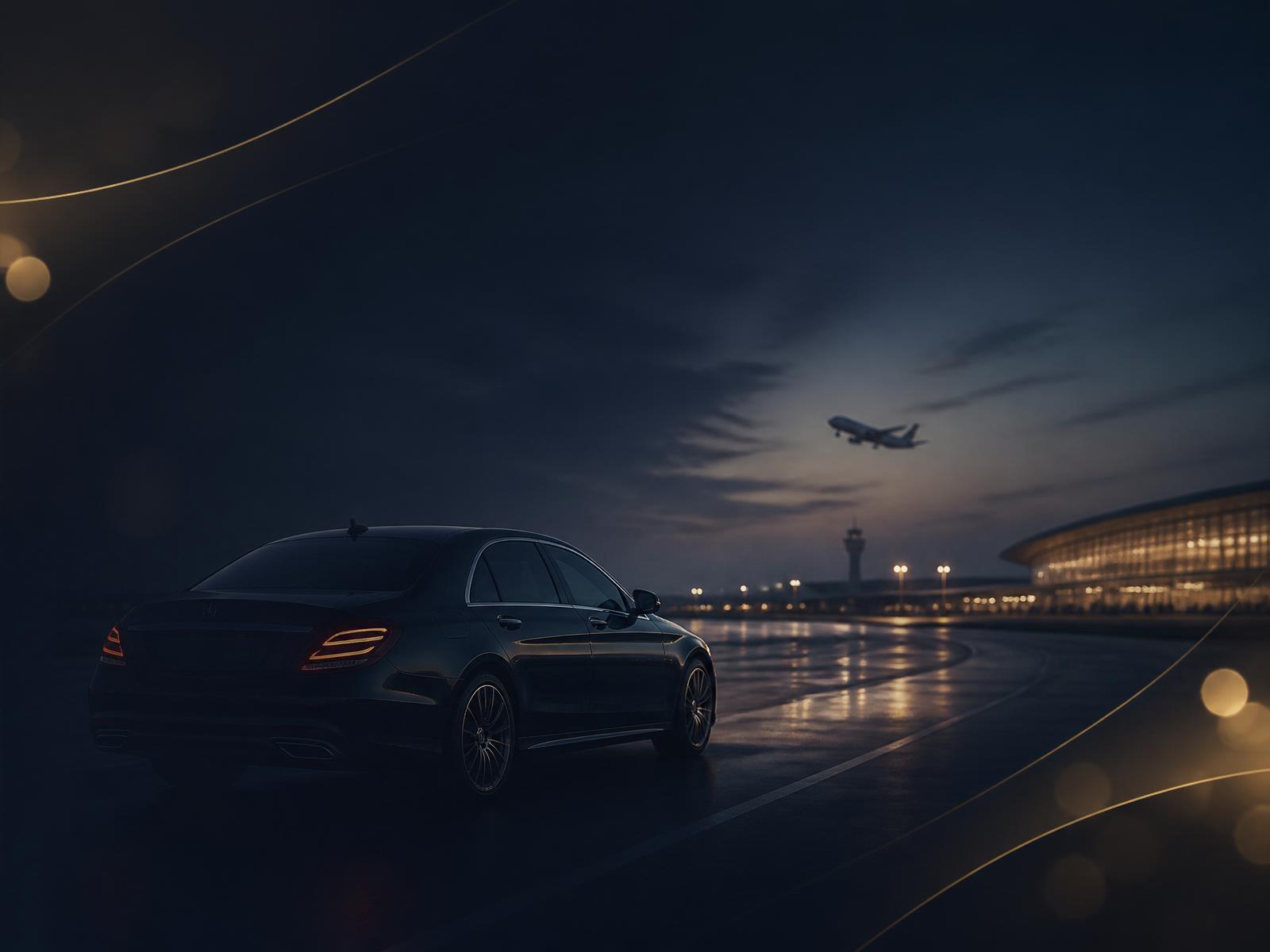 Zwarte Mercedes-limousine op weg naar een luchthaven bij schemering